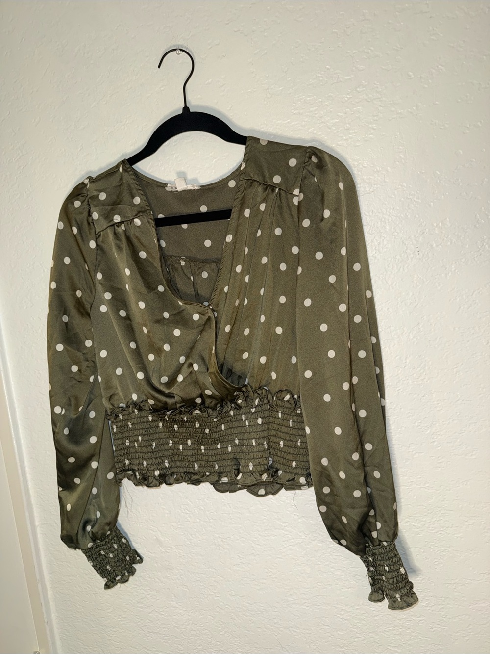 Blu Pepper Olive Green Polka Dot Smocked-Waist Blouse